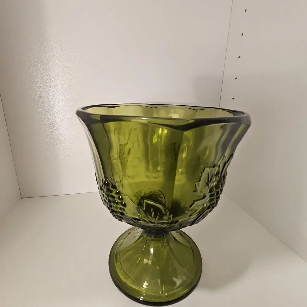 Vintage Indiana Glass Harvest Grape Compote – Avocado Green Pedestal Candy Dish